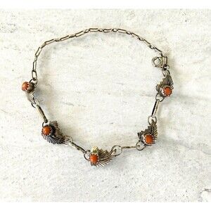 Delicate Feather Link Coral Cabochon Links Sterling Silver Bracelet Southwestern
